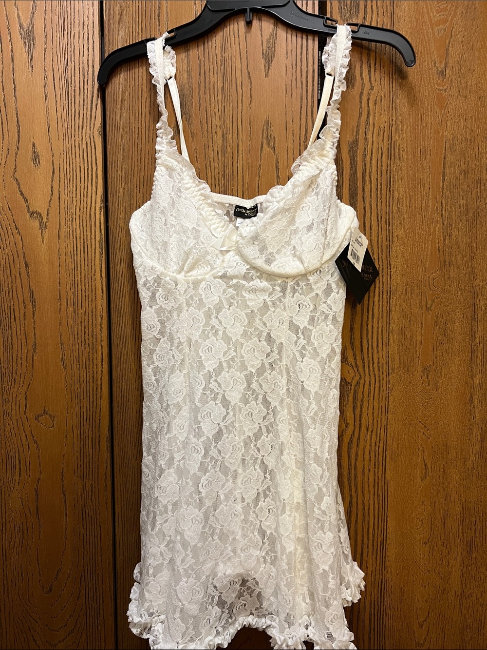 Sheer Floral Lace Chemise Slip in Ivory - Delicate Ruffle Trim with thong.